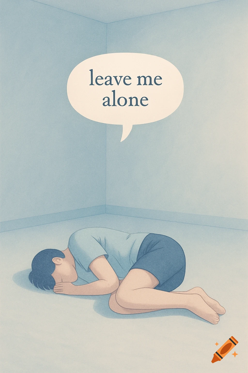 An illustration of a person curled in a fetal position in a light blue room, with a speech bubble saying 'leave me alone'.