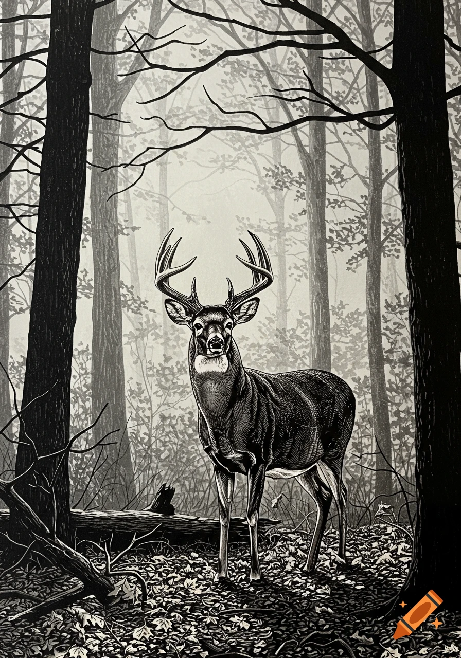 A detailed black and white illustration of a 10-point whitetail deer standing in a misty forest.
