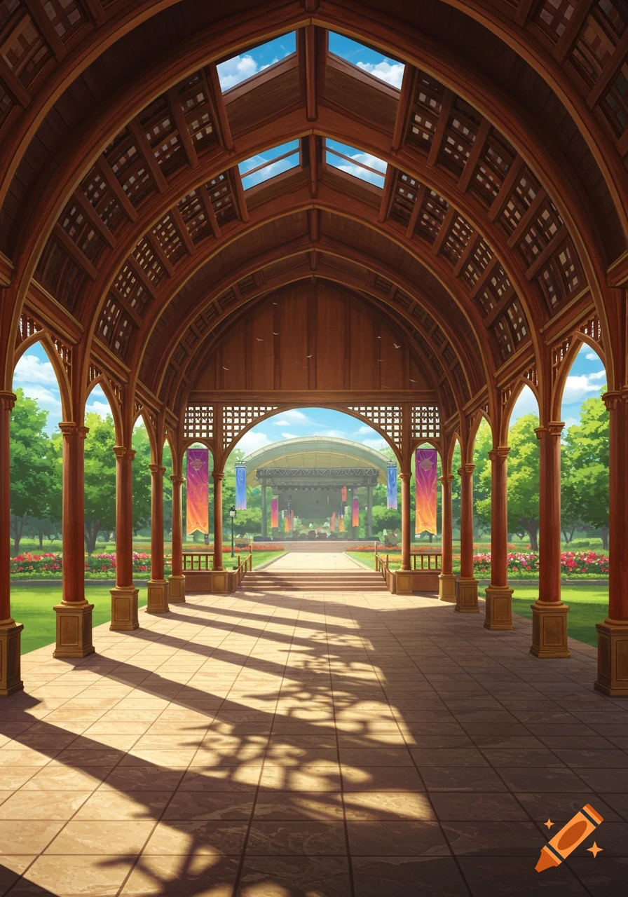 A grand wooden pavilion with arched openings looking out onto an outdoor stage in a lush green park with flower beds under a sunny sky.