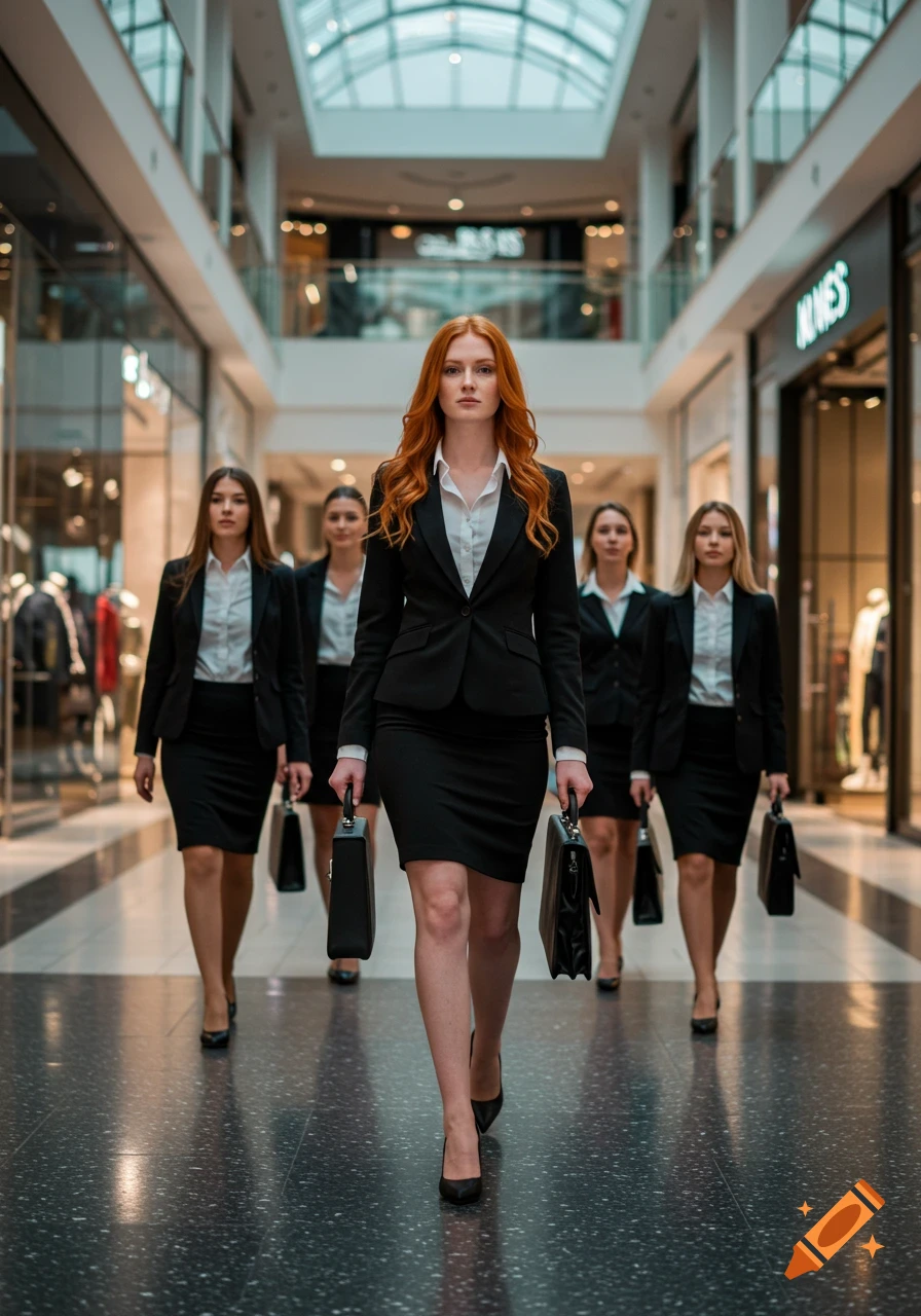 A group of professional women in black suits walking through a brightly lit mall.
