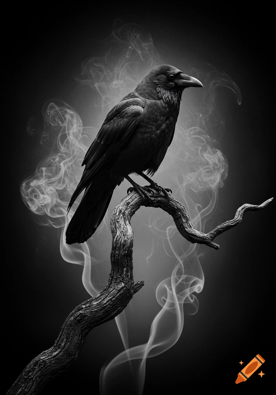 A black and white image of a crow perched on a gnarled branch with smoke curling around it.