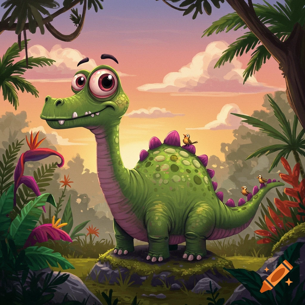 A cute, derpy green cartoon dinosaur with large eyes stands in a vibrant jungle at sunset, with small birds on its back.
