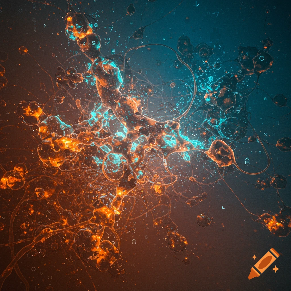 Abstract digital art showing glowing orange and cyan organic forms resembling mold or bacteria, interconnected with fine lines and scattered cyber sigils against a dark background.
