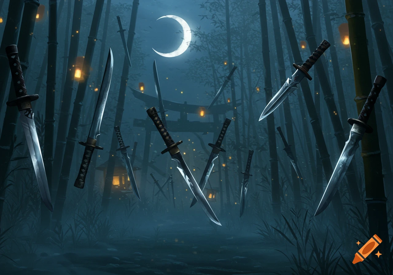 Multiple sharp blades float in a dark bamboo forest at night, lit by a crescent moon and glowing lanterns, with a distant torii gate.