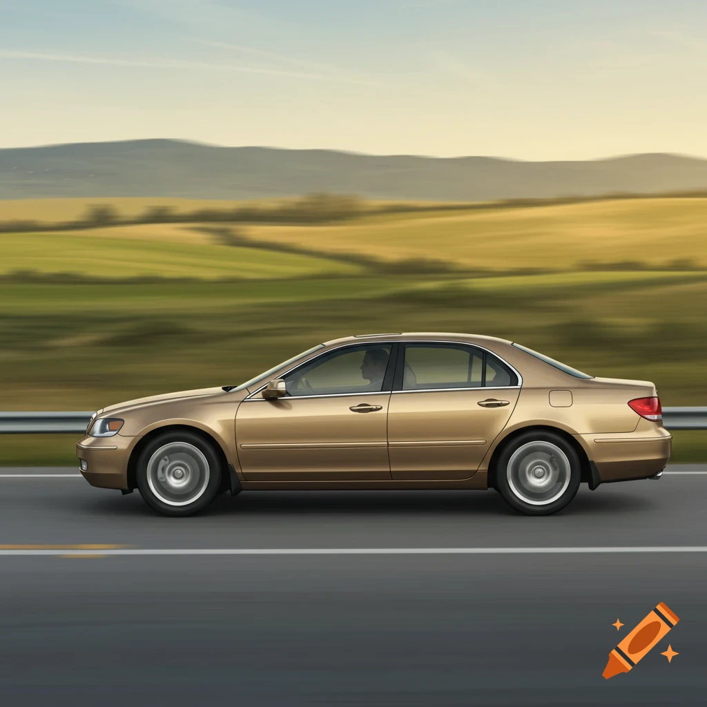 A tan sedan drives down a highway with motion blur, passing green hills and mountains under a blue sky.