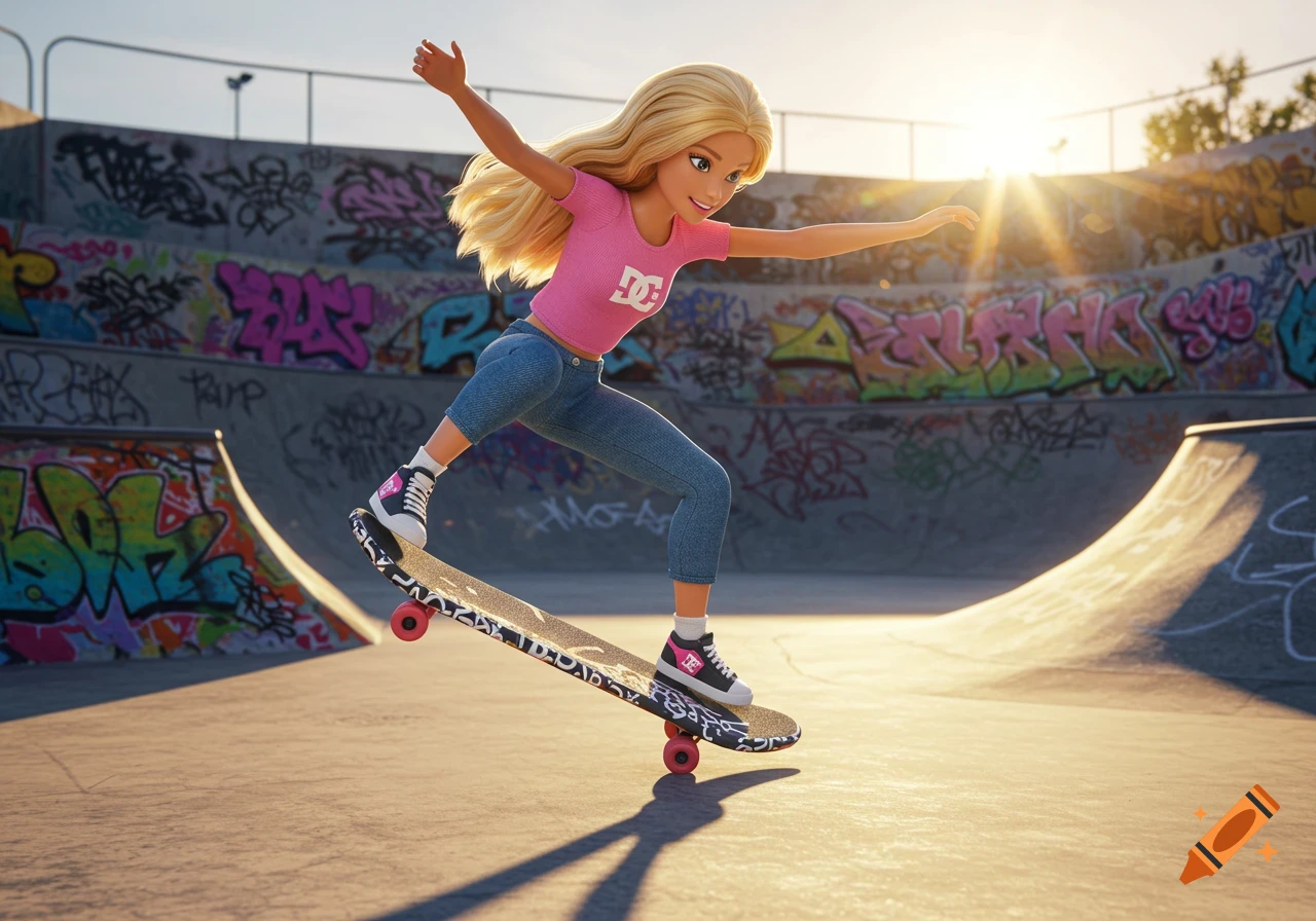 A Barbie doll in a pink shirt and jeans skillfully rides a skateboard in a graffiti-covered skatepark at sunset. Photorealistic style.