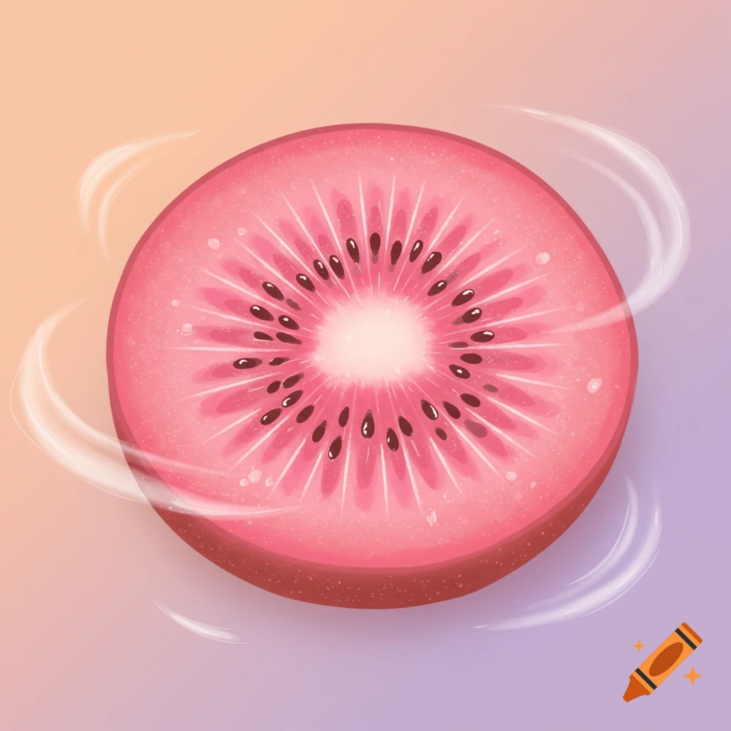 A vibrant pink sliced kiwi with dark seeds and a light pink center, against a gradient orange and purple background with white swirls.