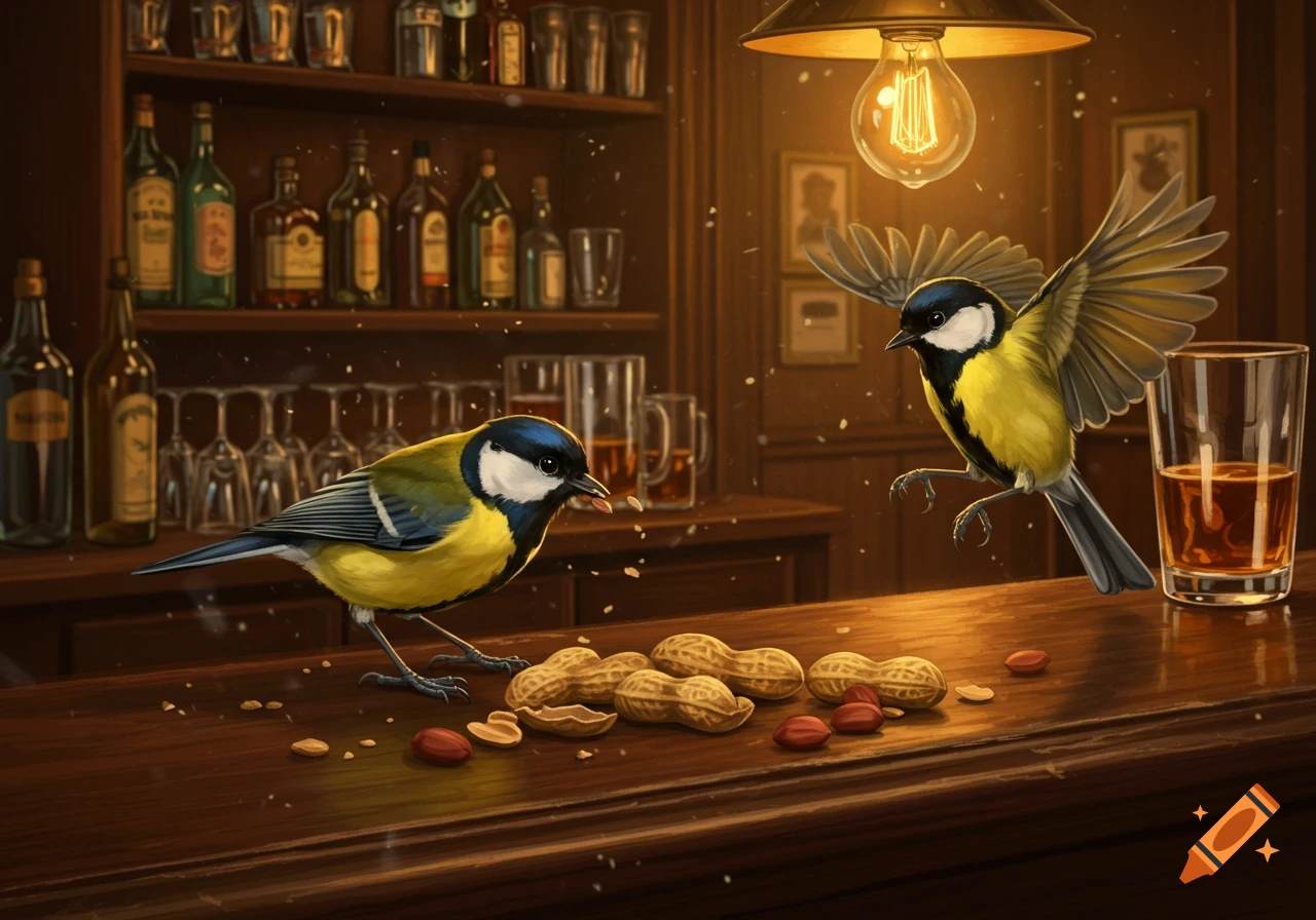 Two great tit birds on a wooden bar counter next to peanuts and a glass of amber liquid, with bottles on shelves in the background, illuminated by a warm Edison bulb.