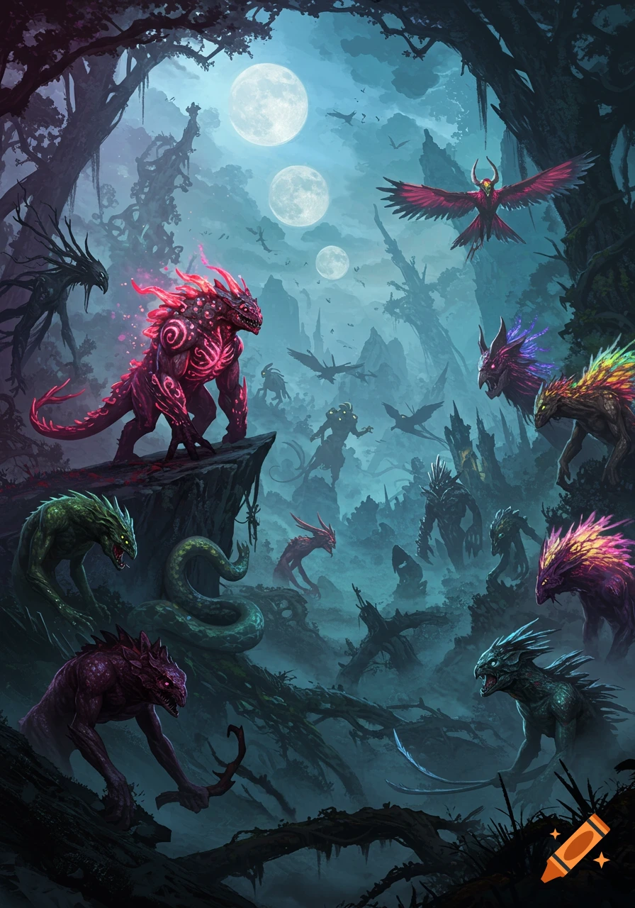 Mystical fantasy art of various colorful and dark monsters in a moonlit, eerie forest, with a large red creature on a cliff.