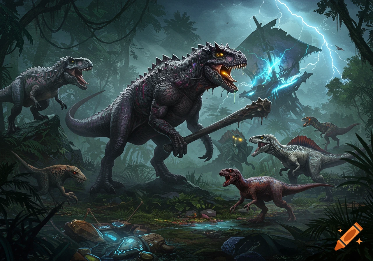 A dark, hyper-realistic fantasy illustration of various hybrid dinosaurs battling in a foggy, stormy jungle. A large four-armed dinosaur with a club stands centrally, surrounded by other monstrous creatures and shattered tech.