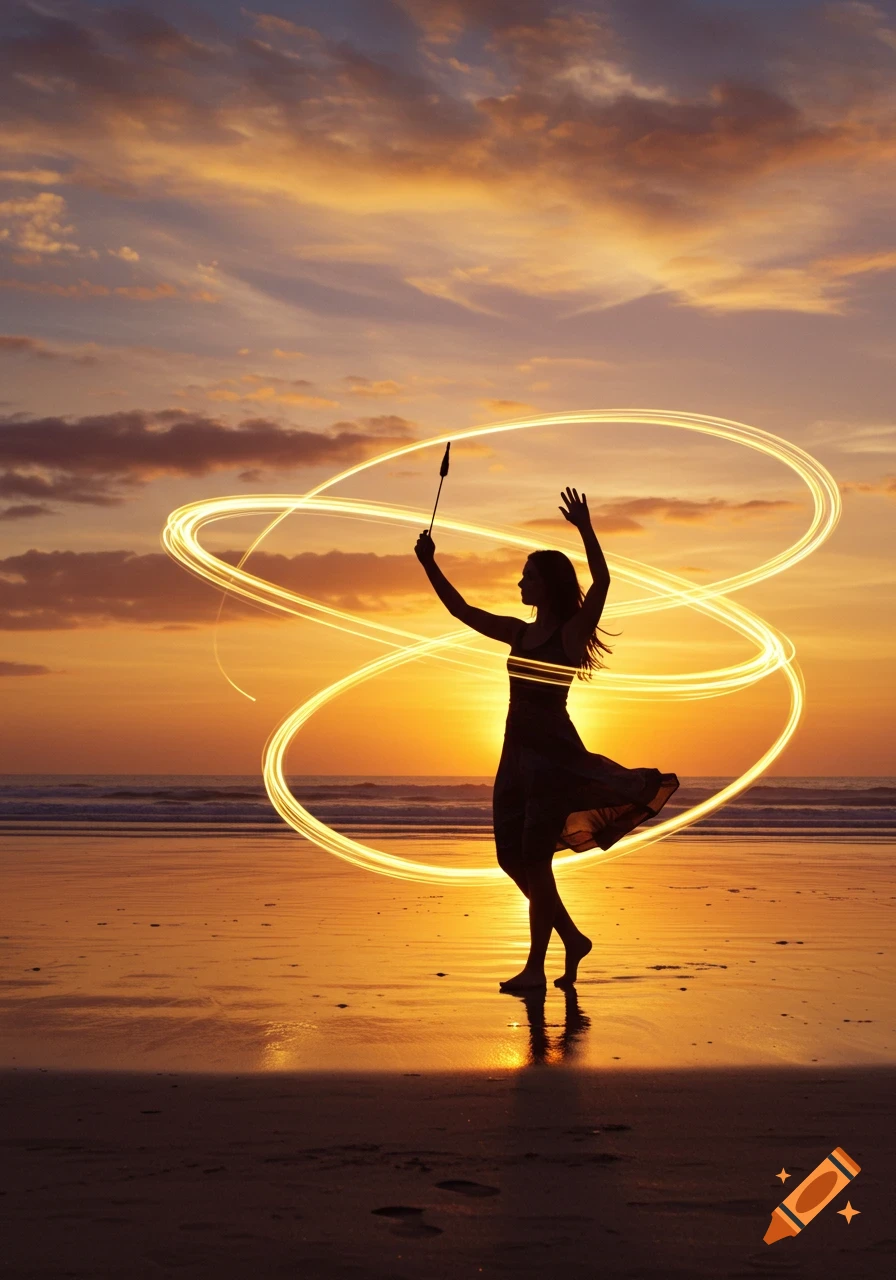 A silhouette of a woman performing light spinning on a beach at sunset, with golden light trails around her.