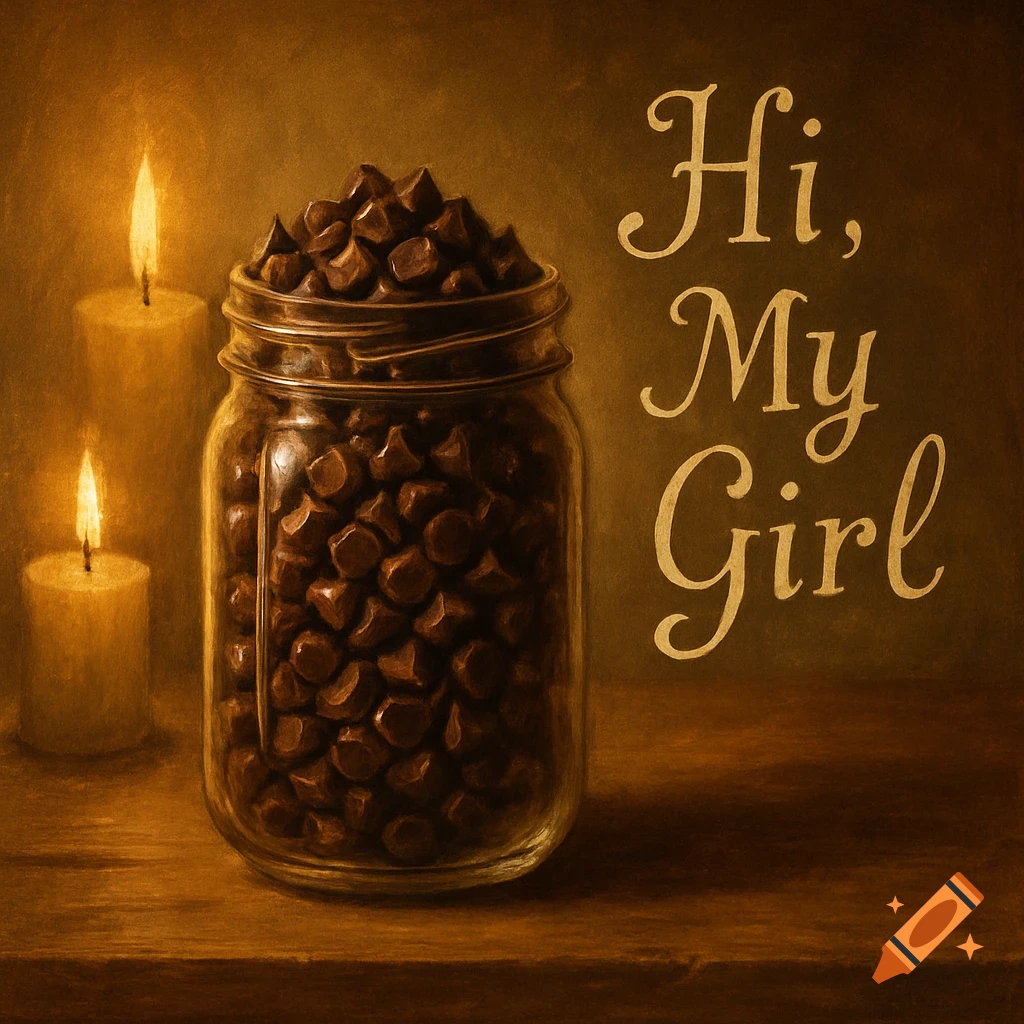 Painterly still life of a mason jar overflowing with chocolate chips and two lit candles on a wooden table. Text says "Hi, My Girl"