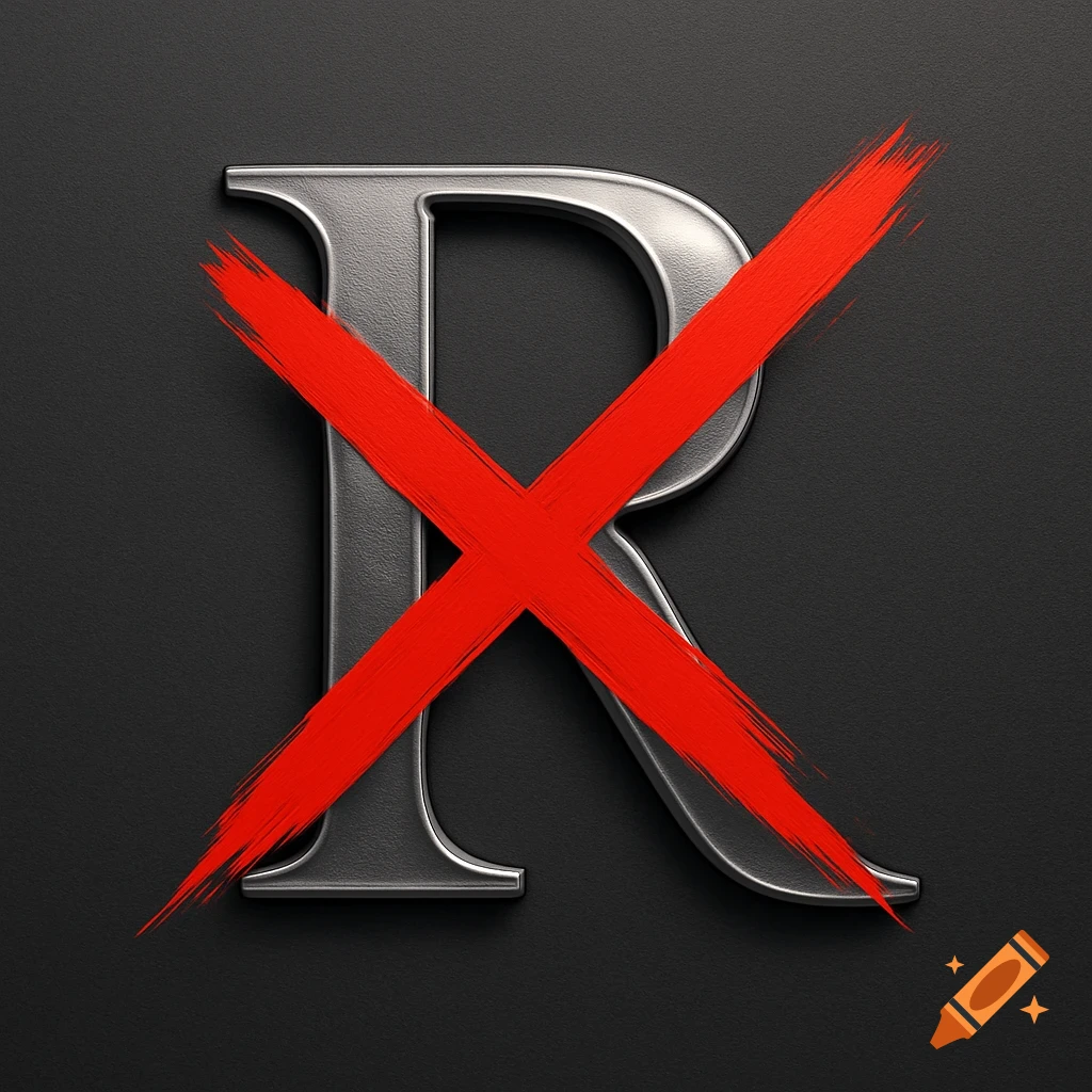 Metallic capital letter R with a bold red paint stroke X over it on a dark background.