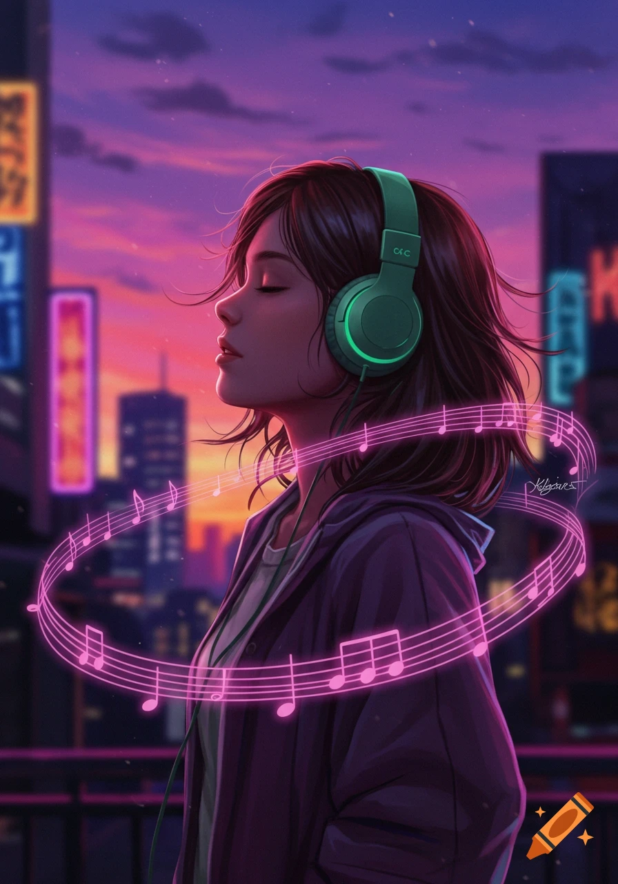 A girl with green headphones listens to music, surrounded by neon pink musical notes, against a vibrant purple and orange sunset city background.
