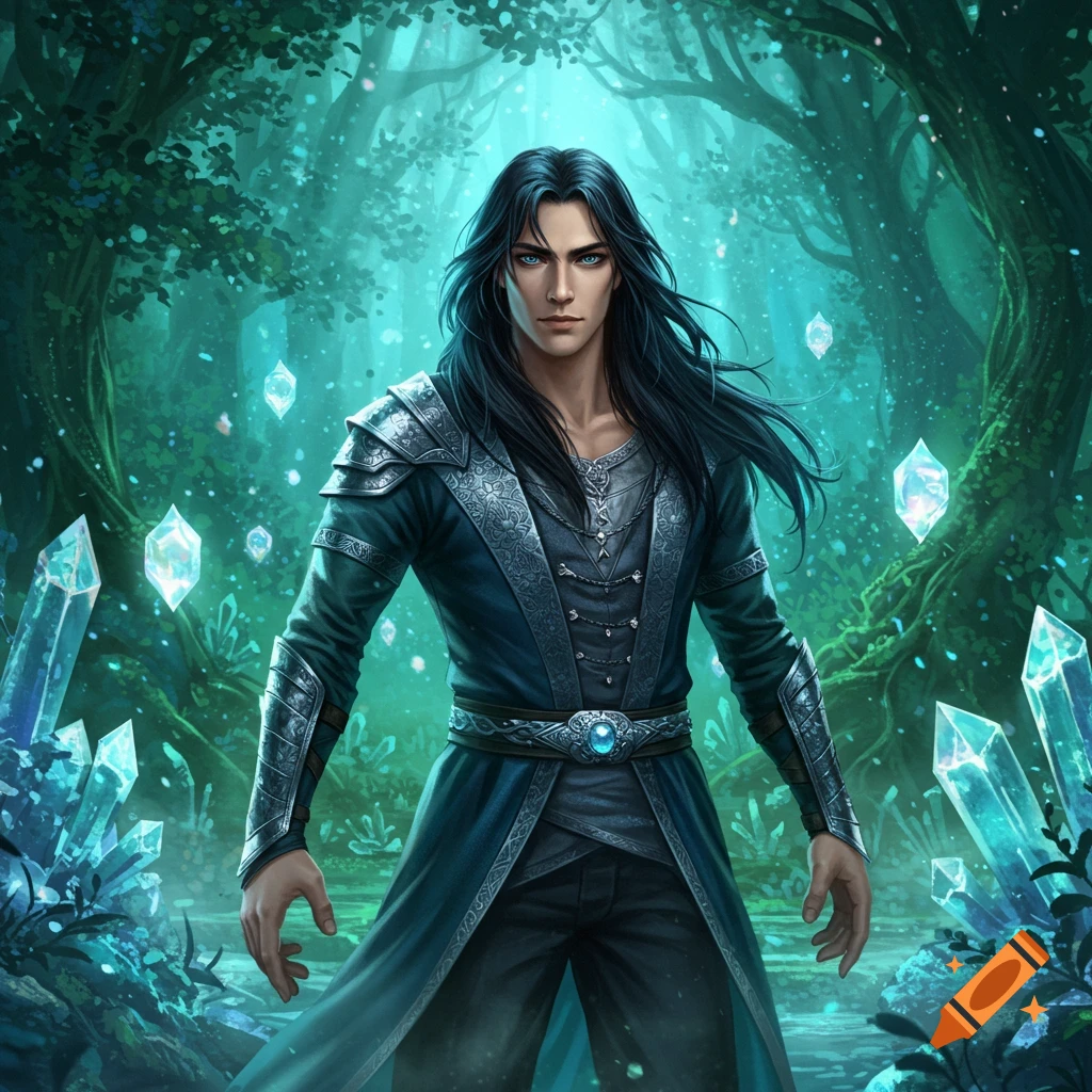 A dark-haired male fantasy character with blue eyes stands in an enchanted forest with glowing blue crystals.