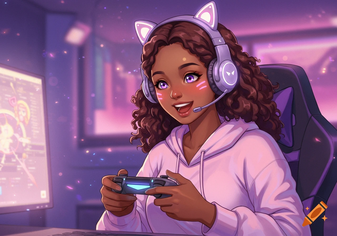 Anime gamer girl with dark skin, cat ear headphones, playing video games in a pastel lavender and pink room.
