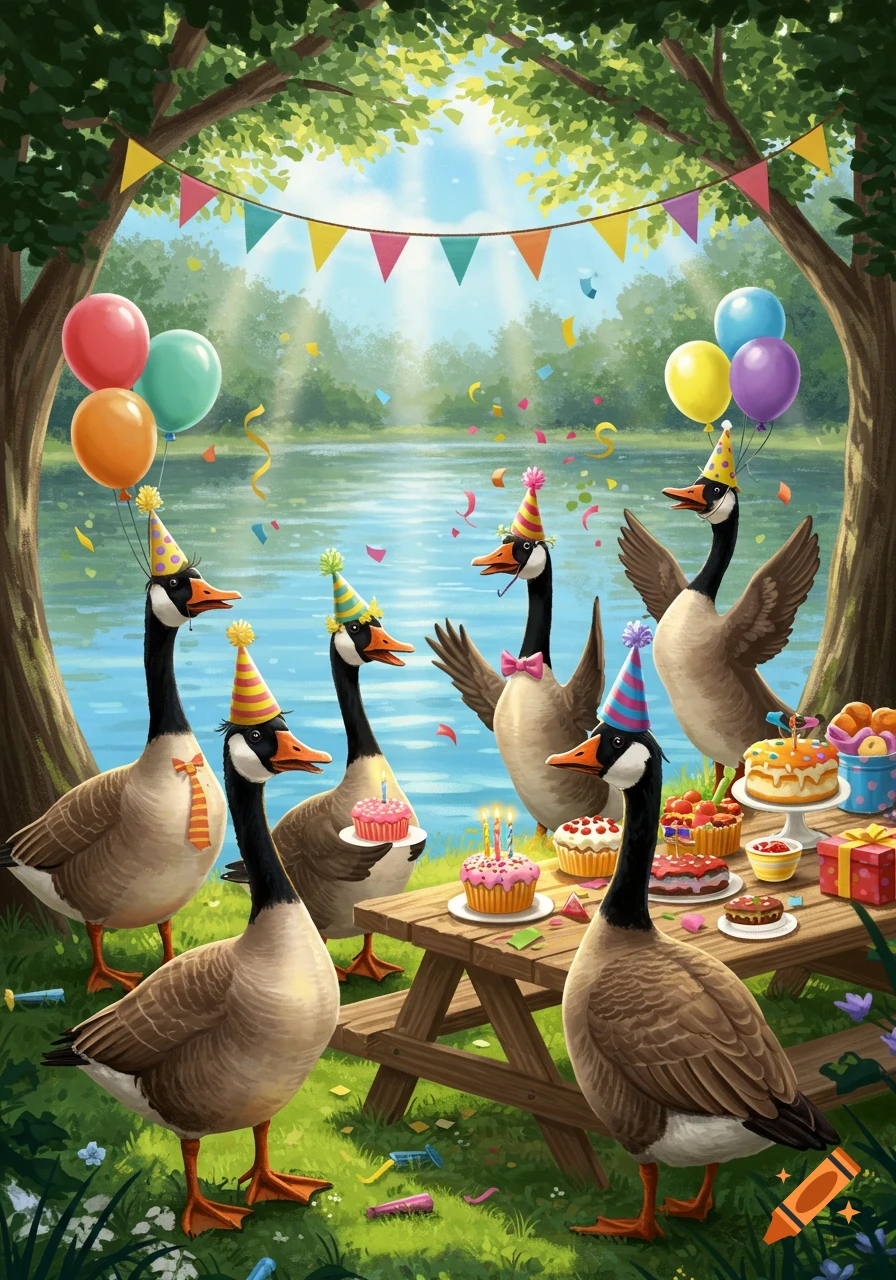 Animated Canadian geese in party hats celebrate a birthday with cakes, balloons, and confetti by a sunny lake.