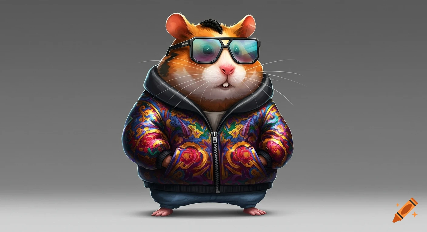 A cartoon hamster wearing a colorful patterned hoodie, blue jeans, and black sunglasses stands against a gray background.