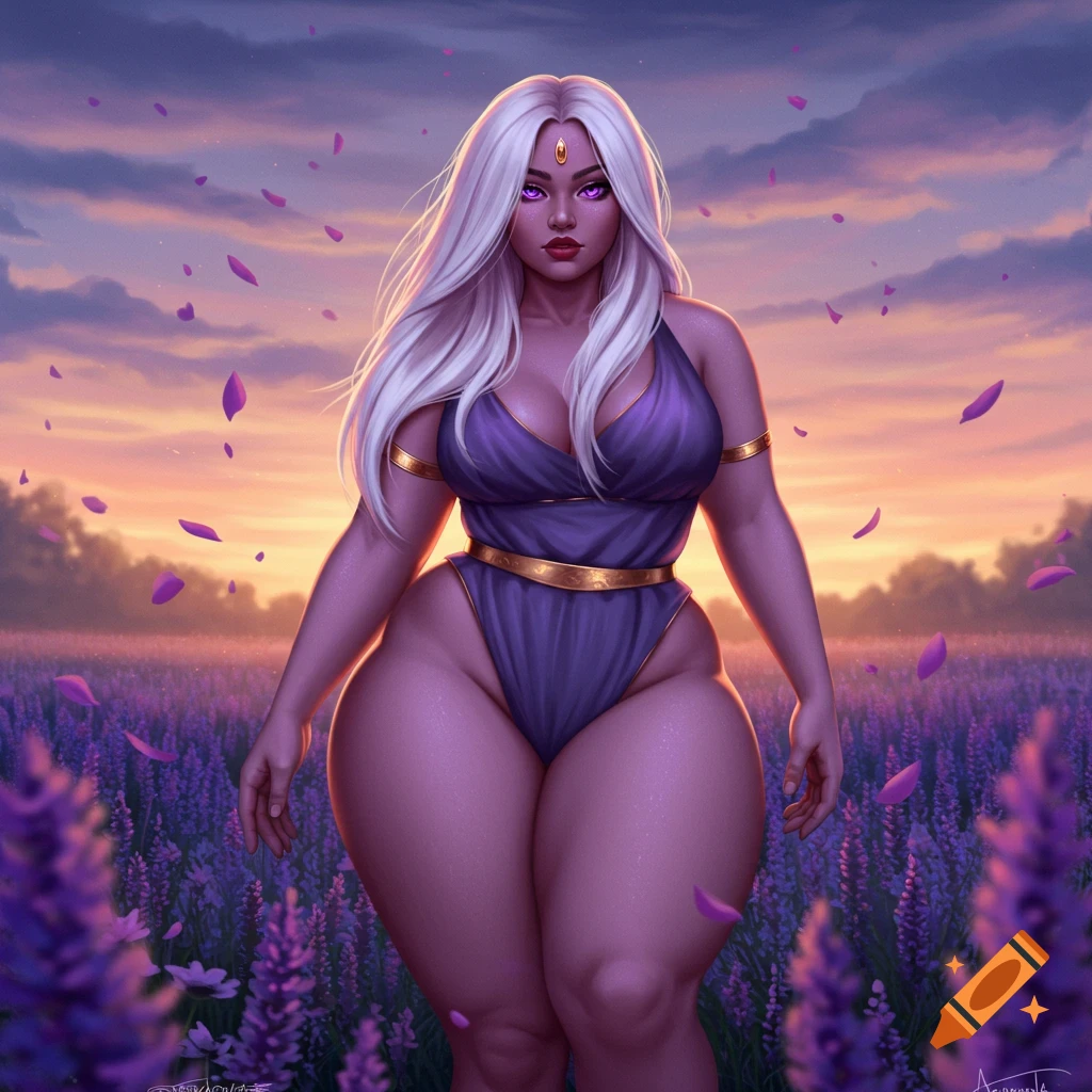 A curvy woman with long white hair and purple eyes stands in a lavender field at sunset, wearing a purple swimsuit.