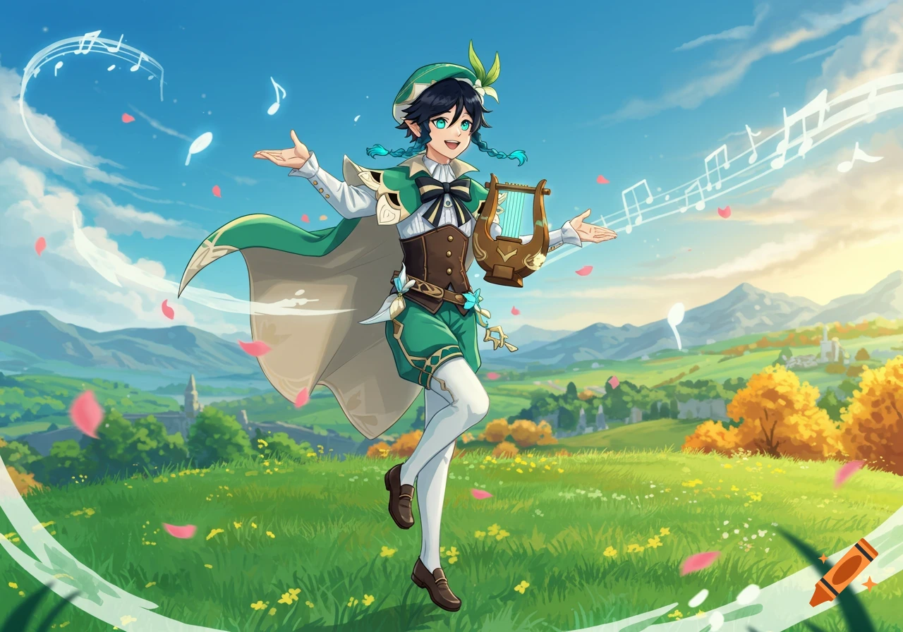 An anime character, Venti from Genshin Impact, with green braids and attire, plays a lyre in a vibrant green field under a clear blue sky with mountains.