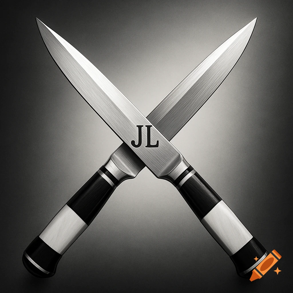 Two silver knives crossed against a dark background with the letters JL engraved on the blade.
