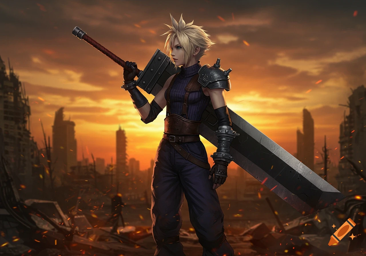 Female Cloud Strife stands in a ruined city at sunset, holding a large Buster Sword.