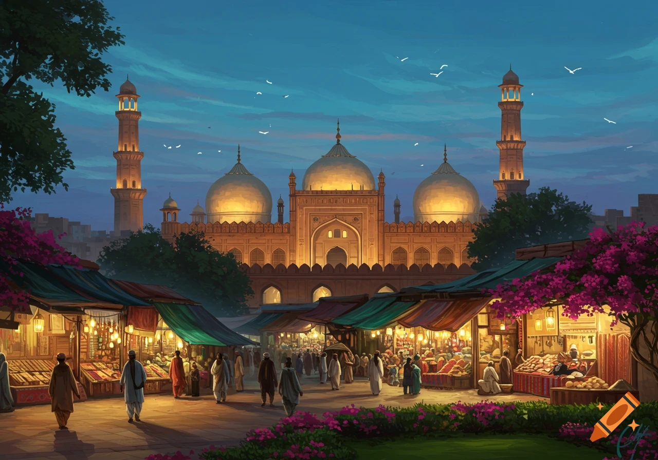 A vibrant painting of a bustling market at dusk in front of a grand, illuminated mosque with golden domes and minarets.