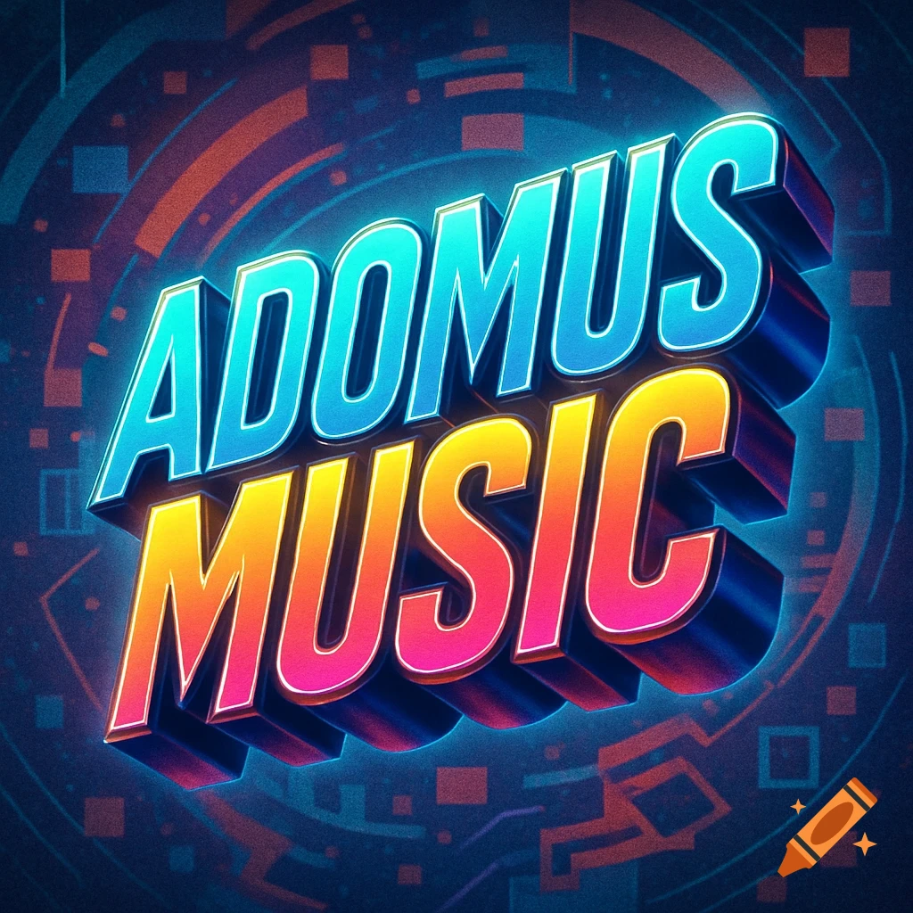 A vibrant 3D retro-style logo with 'ADOMUS' in blue and 'MUSIC' in a warm gradient, both with neon glow, on a dark abstract background.