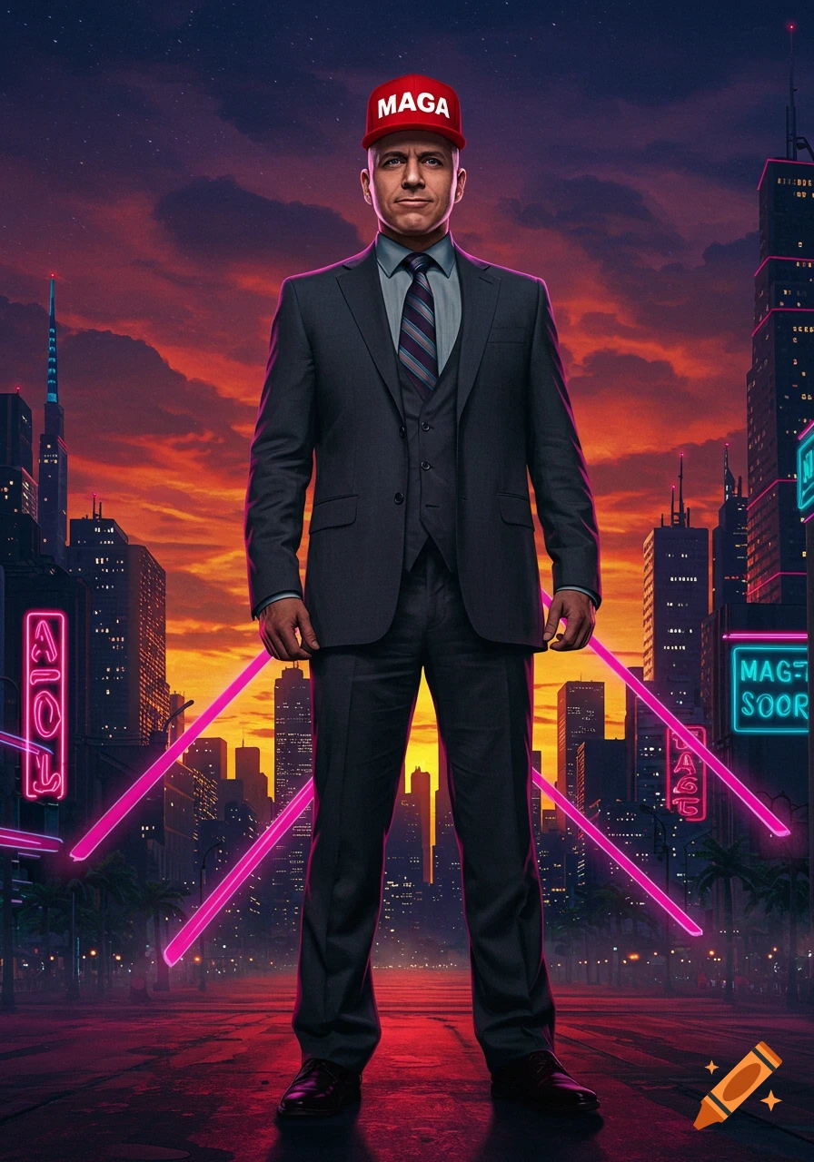 A man resembling Lex Luthor in a suit and a red MAGA hat stands in a stylized neon-lit city at sunset.