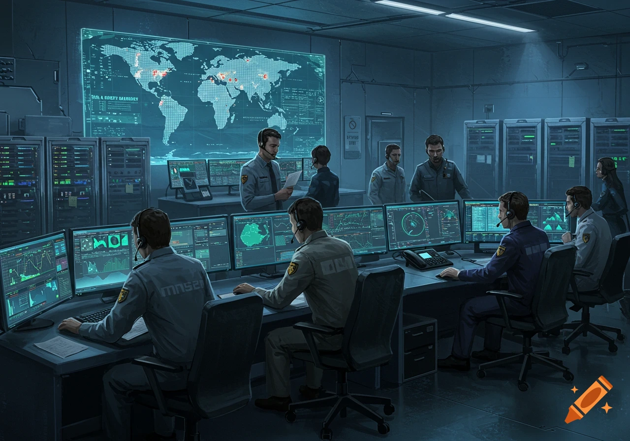 A futuristic control center with multiple people in uniforms sitting at desks with many computer monitors displaying data and maps, including a large central screen with a world map.