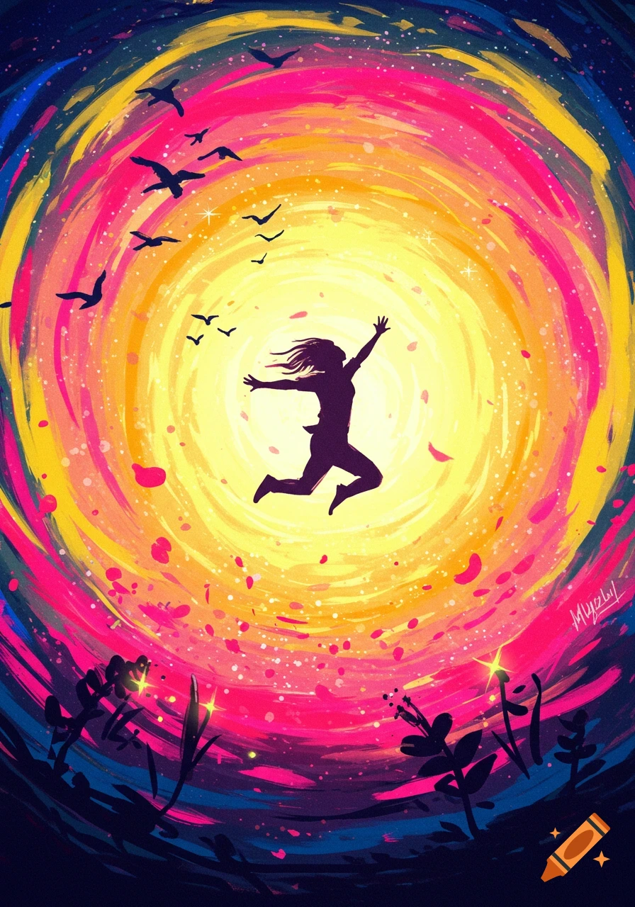 A silhouette of a person jumping with arms outstretched against a vibrant, swirling yellow, pink, and blue abstract background with flying birds.