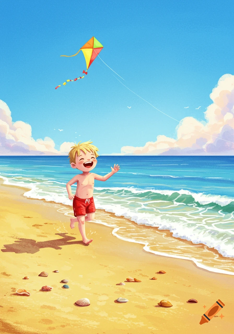 A happy young boy in red swim shorts runs on a sunny beach, flying a colorful kite over the ocean, in a vibrant illustration style.
