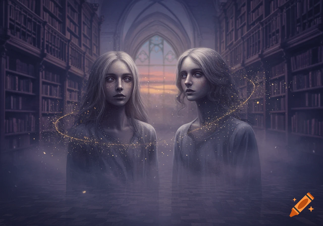 Two ethereal figures with pale skin and light hair stand in a vast, dark, gothic library, surrounded by golden sparkles.