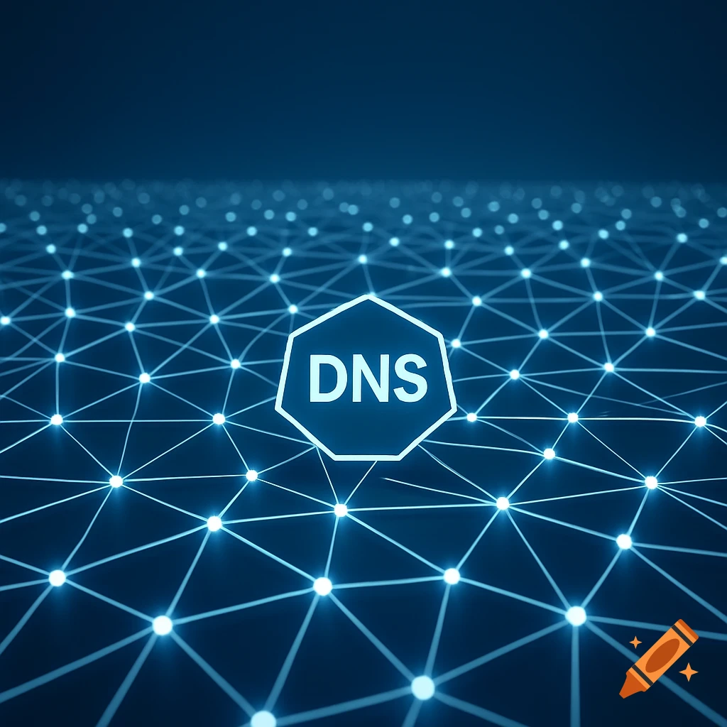 A 3D abstract information network diagram with glowing blue lines and nodes, featuring a central heptagonal shape with 'DNS' text.