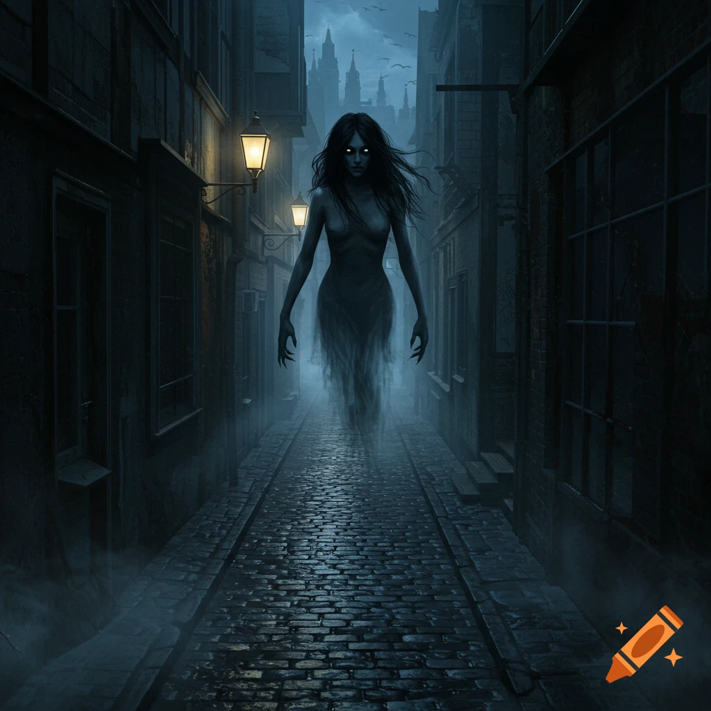 An eerie ghostly woman with glowing eyes floats down a dark, misty cobblestone alleyway between old buildings at night.