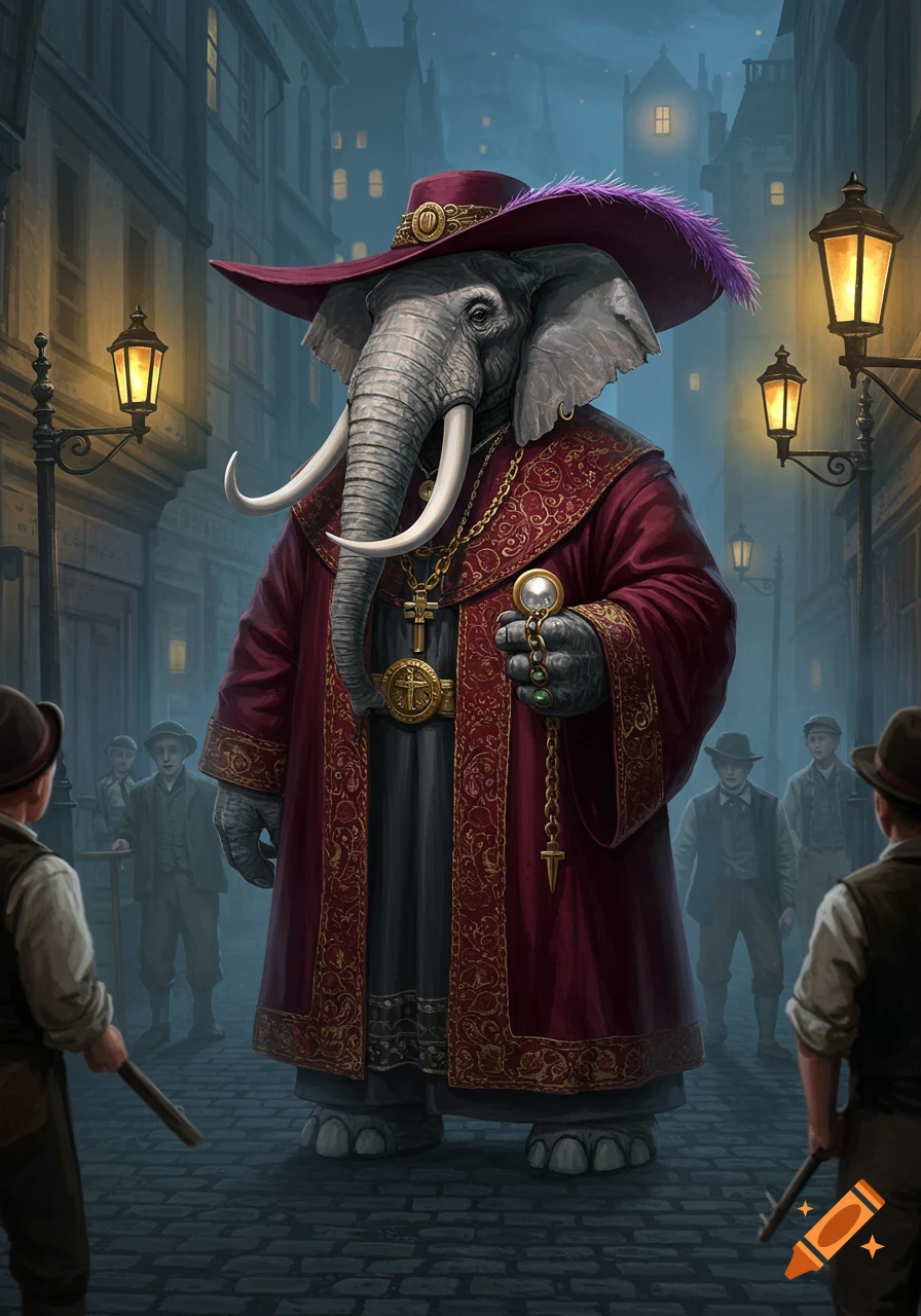 A large anthropomorphic elephant cleric wearing an ornate red and gold robe and a wide-brimmed hat stands in a foggy Victorian-era street at dusk, holding a pocket watch.