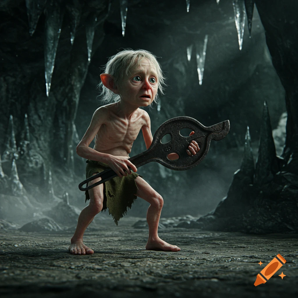 Photorealistic image of Smeagle (Gollum) holding a large cast iron pipe cutter in a dark, icy cave.