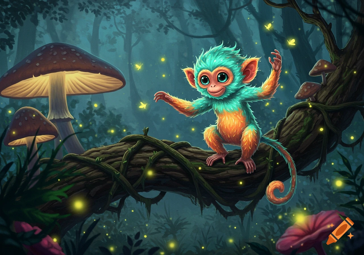 A cute, colorful monkey with big eyes stands on a tree branch in a magical forest with glowing mushrooms and fireflies, in an illustrative style.