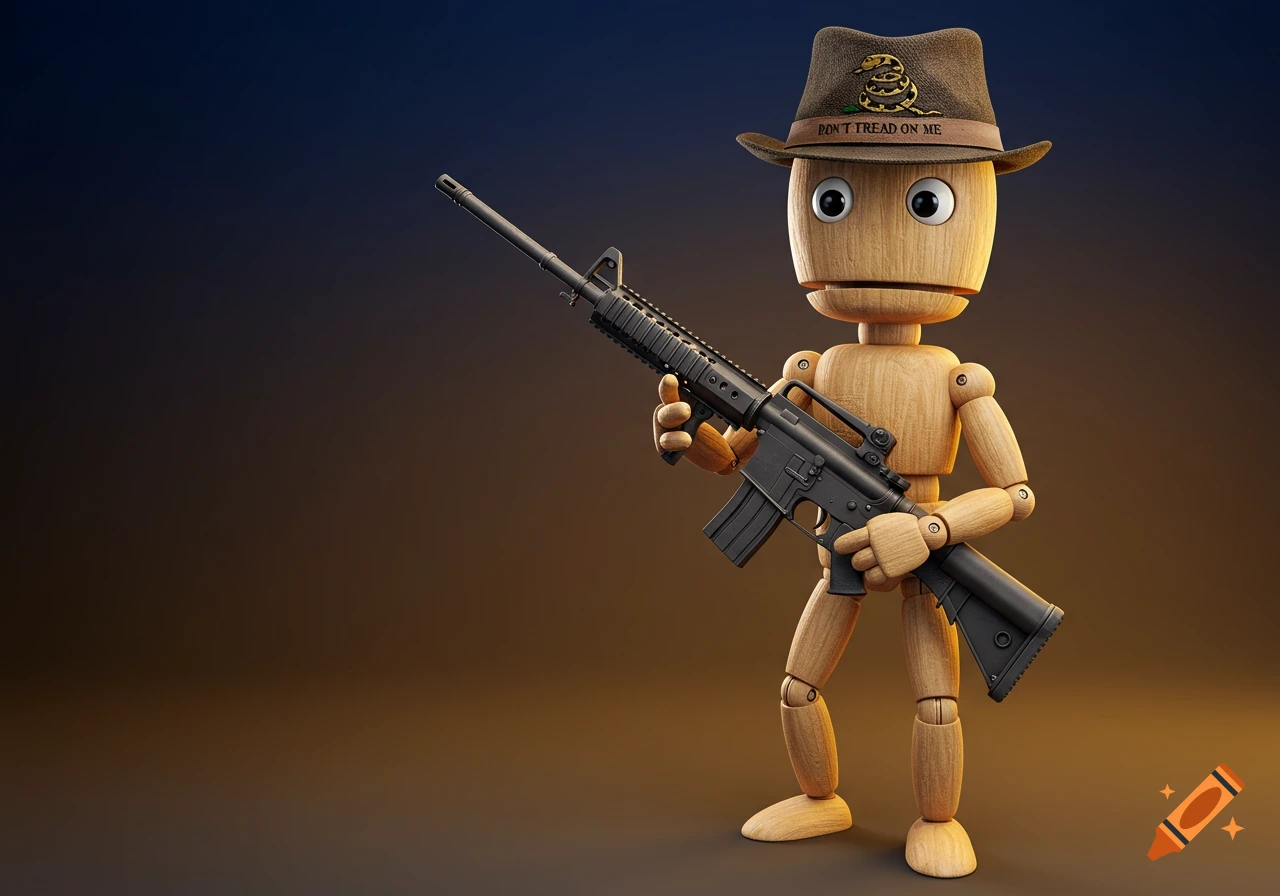 Photorealistic wooden puppet with Gadsden flag hat holding an AR-15 rifle against a gradient background.