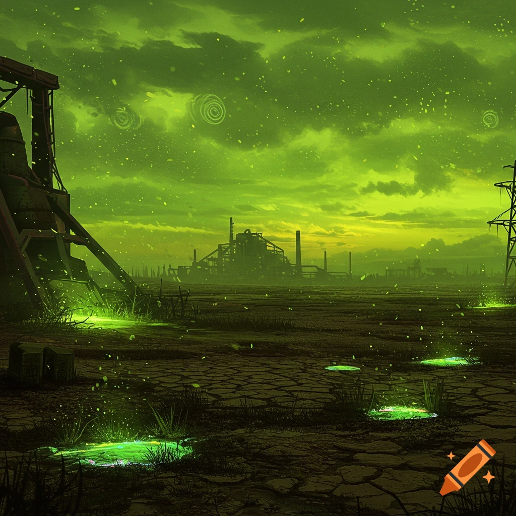 A desolate industrial landscape under a toxic green sky with glowing radioactive pools and abandoned structures.