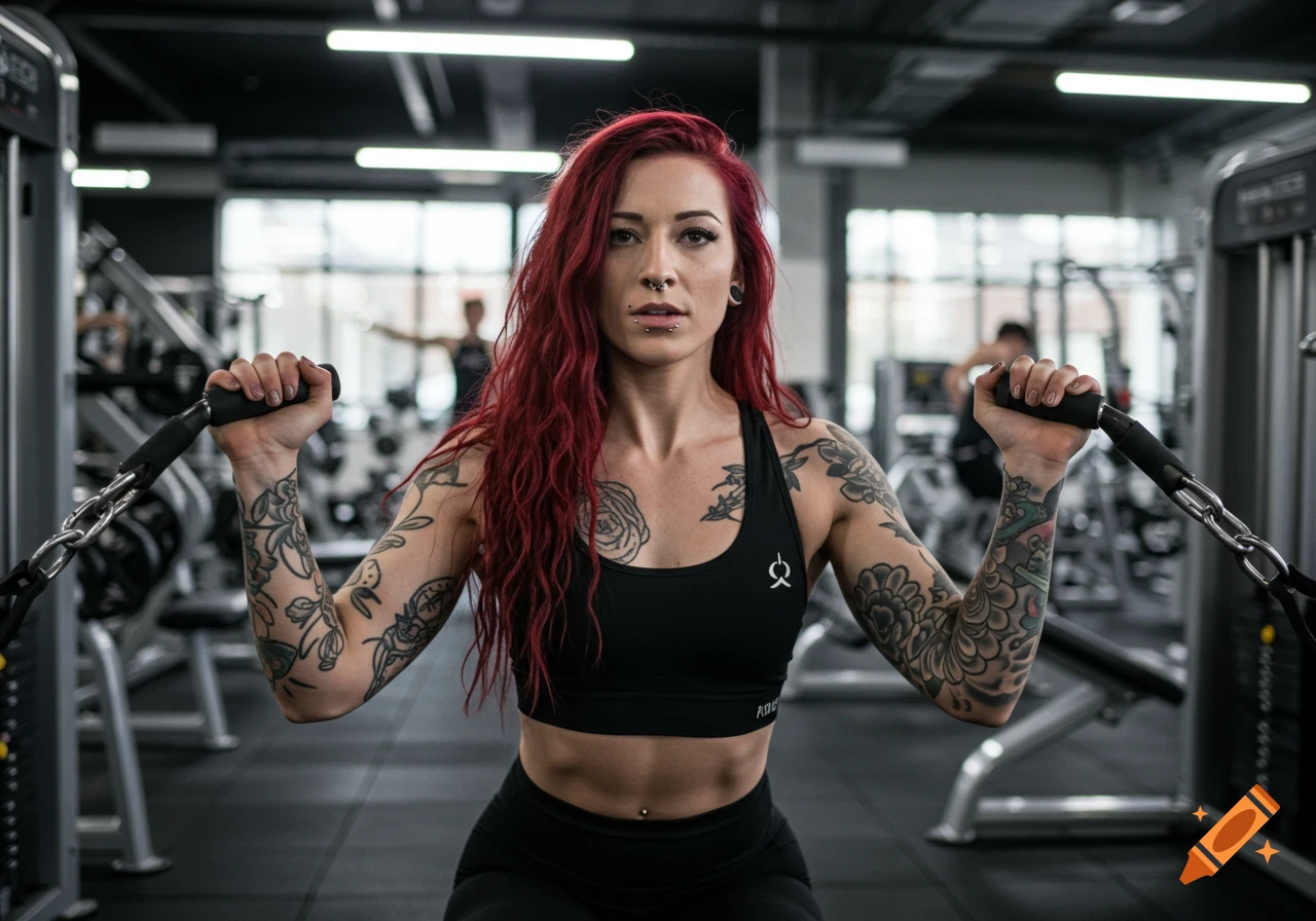 A woman with red hair, tattoos, and piercings works out on a cable machine in a gym.