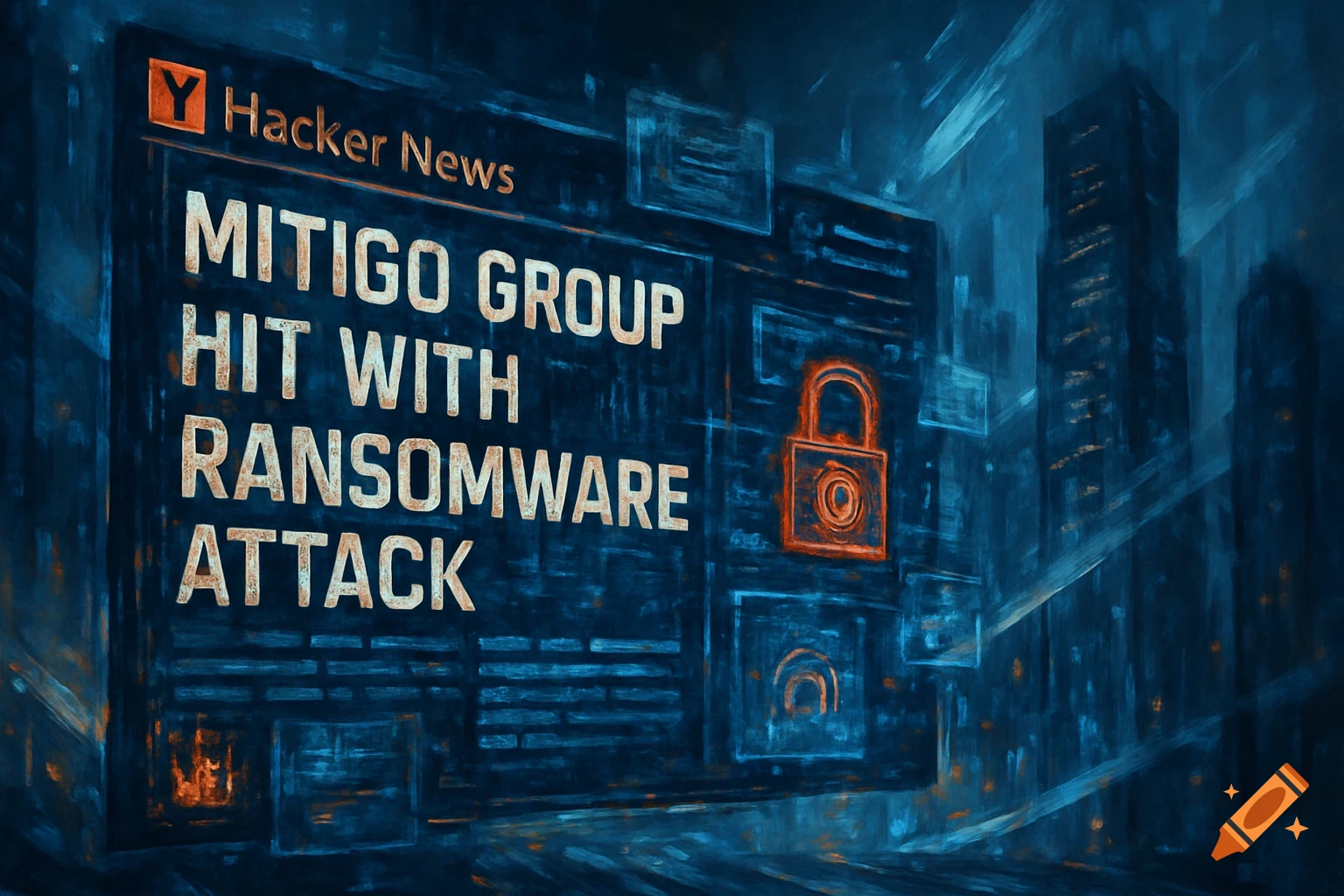 Digital art of a Hacker News screen showing 'Ransomware Attack' with a glowing orange padlock on a dark, futuristic city background.