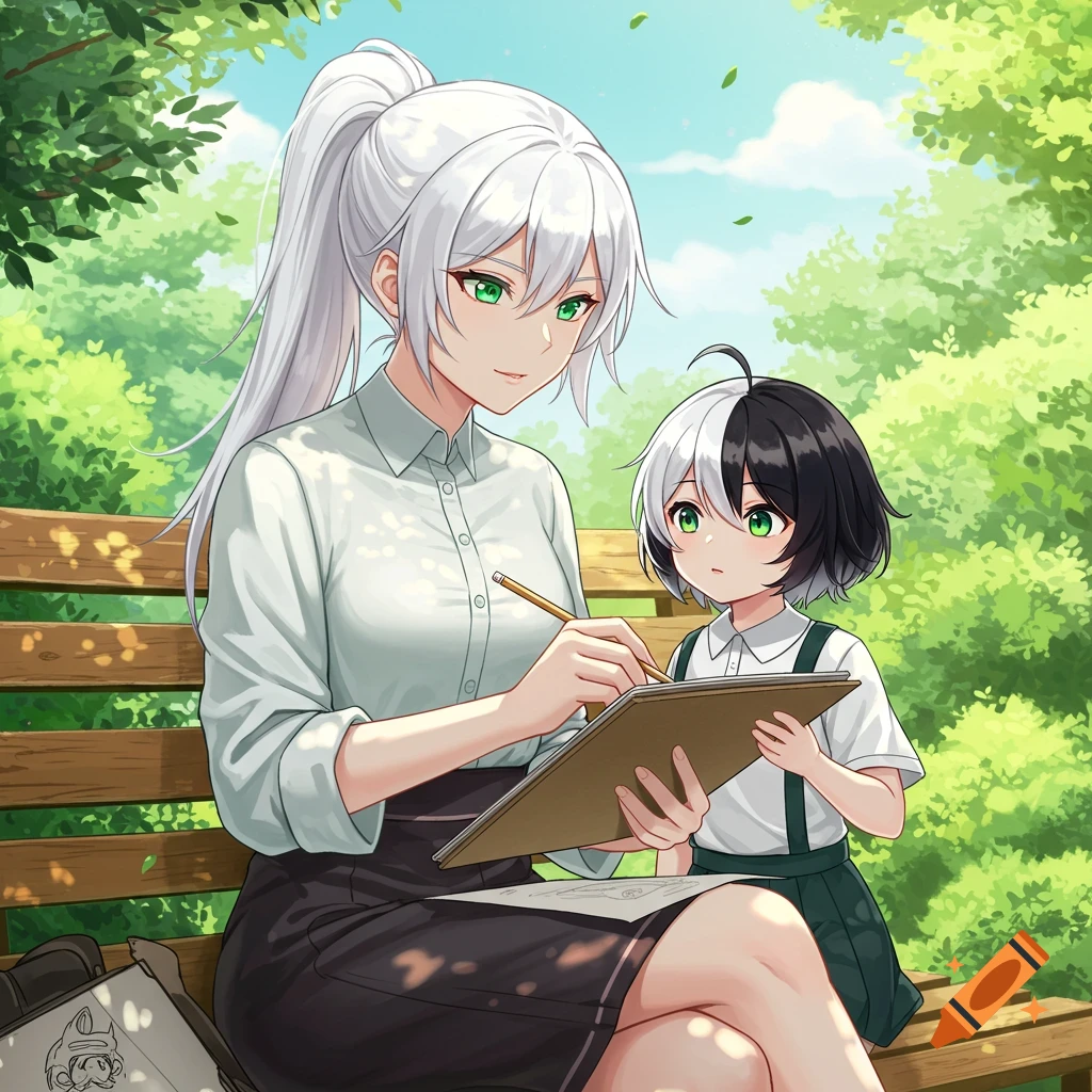 An anime woman with long white hair sits on a park bench drawing, while a small girl with black and white hair watches her.