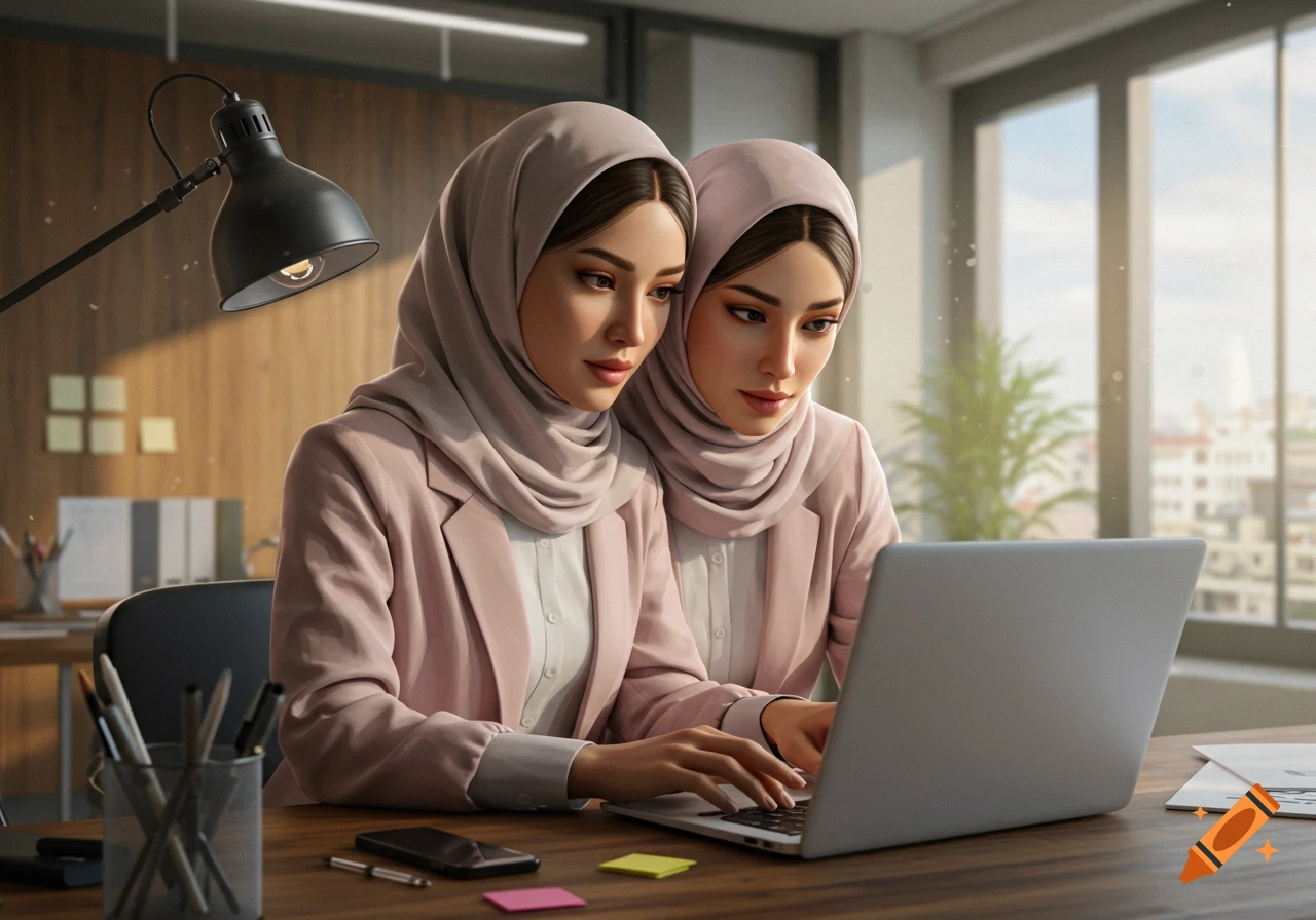 Two identical women in hijabs and blazers work side-by-side on a laptop in a modern office.