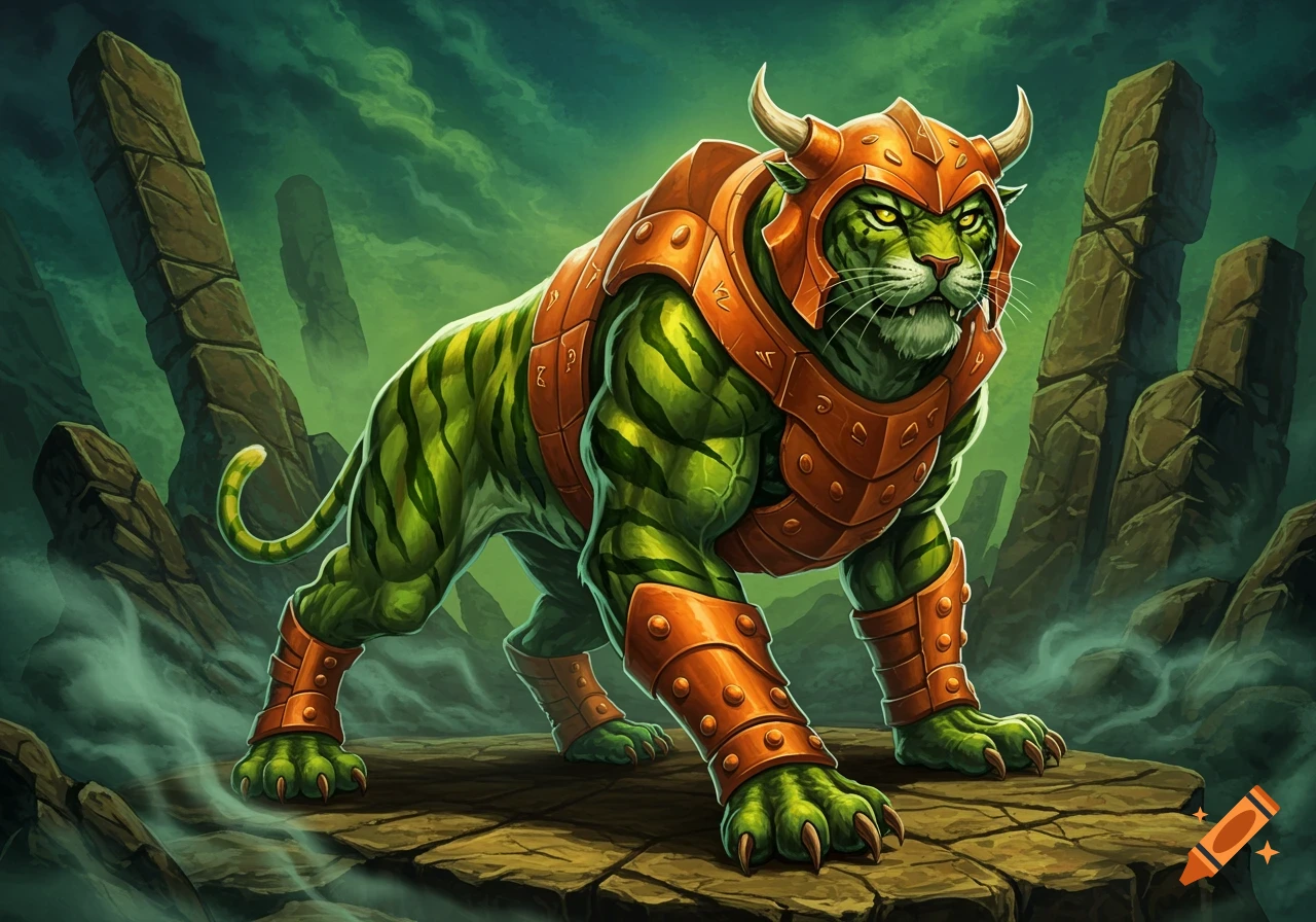 A green and yellow striped tiger in orange armor with horns stands on a rocky platform in a misty, green landscape.