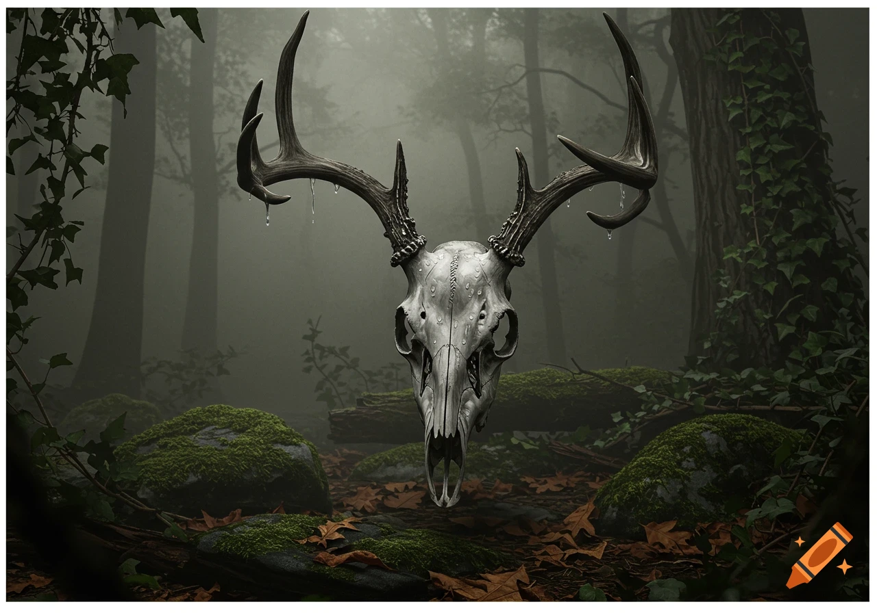 A detailed deer skull with antlers on a forest floor, surrounded by mossy rocks and fallen leaves, in a dark, misty forest.