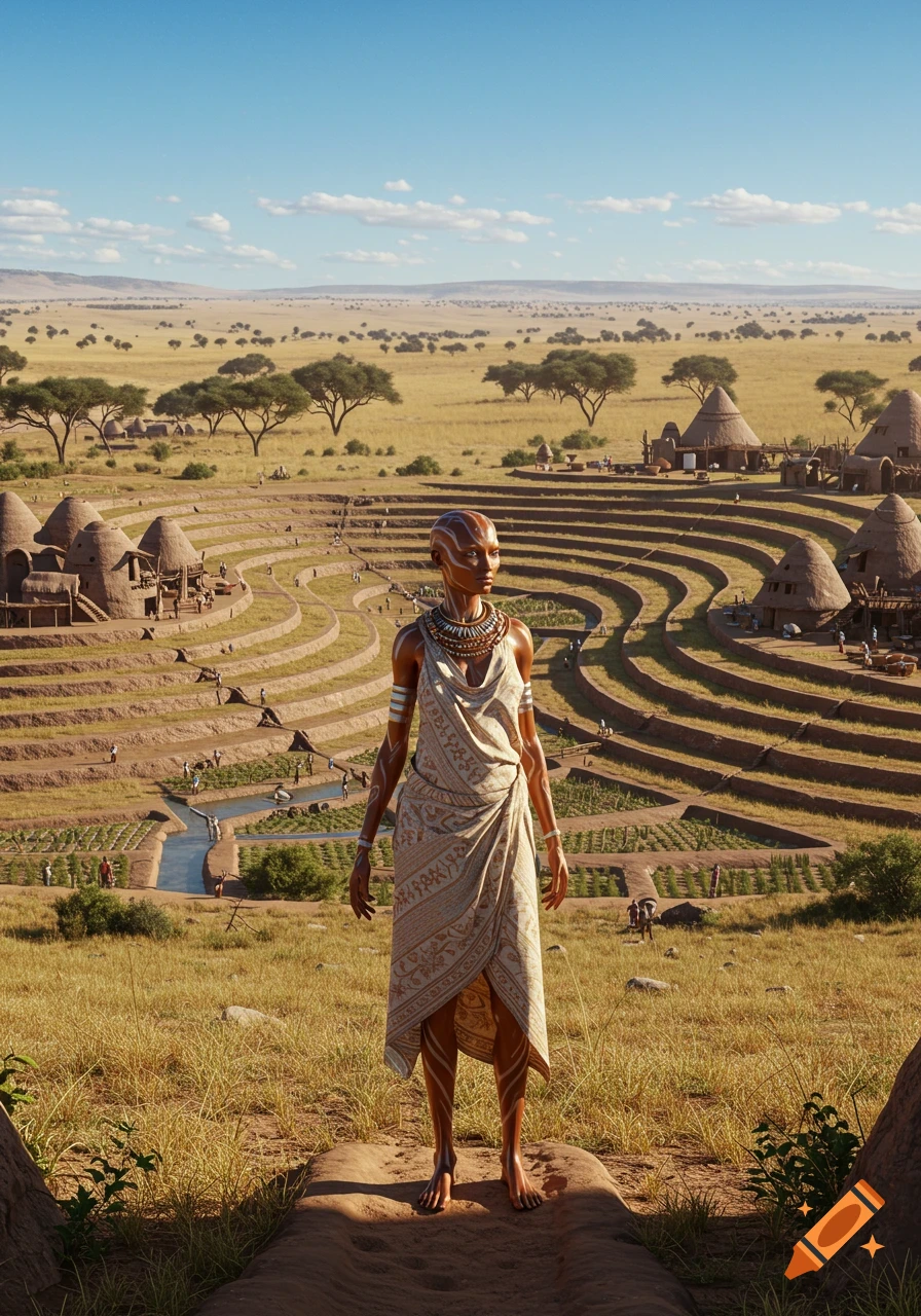 A woman with patterned skin and robes stands in a terraced African savannah village with huts, irrigation, and farms.