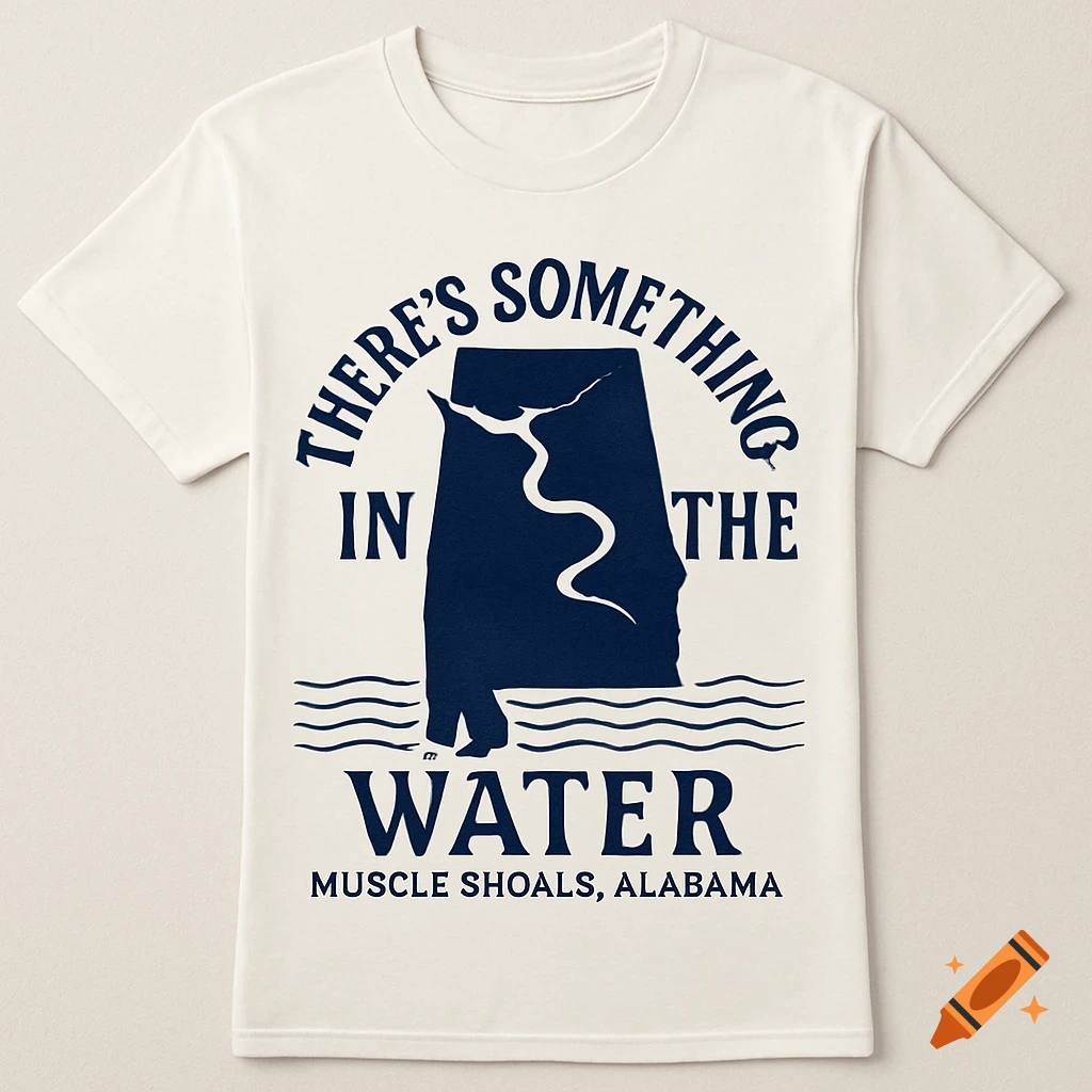 A white t-shirt with a dark blue graphic of Alabama and the text 'There's Something in the Water Muscle Shoals, Alabama'.