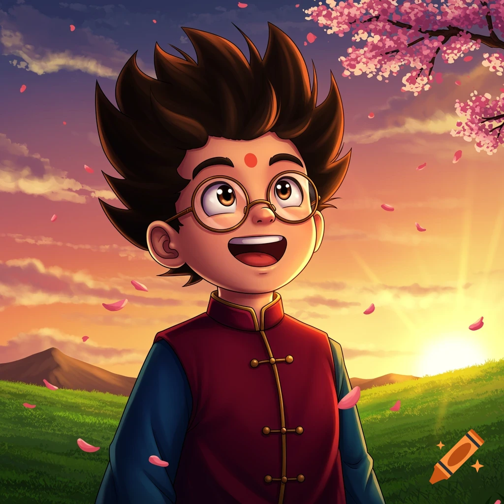 Anime style portrait of a happy Indian boy with glasses looking up at falling cherry blossoms during sunset.