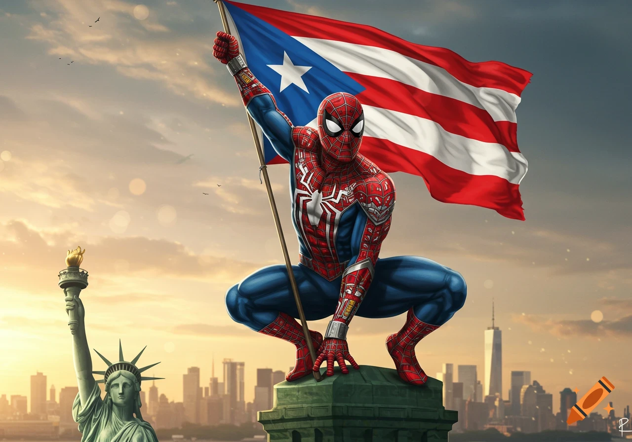 Spider-Man in a unique suit perches on the Statue of Liberty's base, holding a Puerto Rican flag against a New York City skyline.